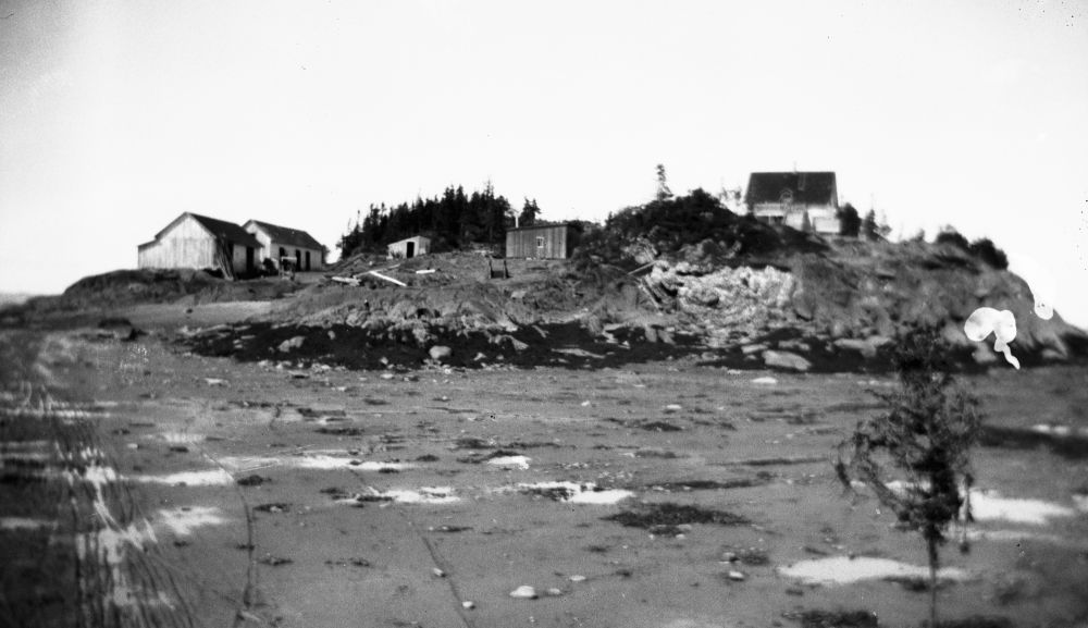 Black and white photograph (around 1920): landscape of Île aux Patins, Kamouraska. Rugged terrain (rocks, sparse vegetation, conifers). Several small wooden buildings scattered here and there. Foreground: flatter area (shore/lower part, traces of water/low tide).