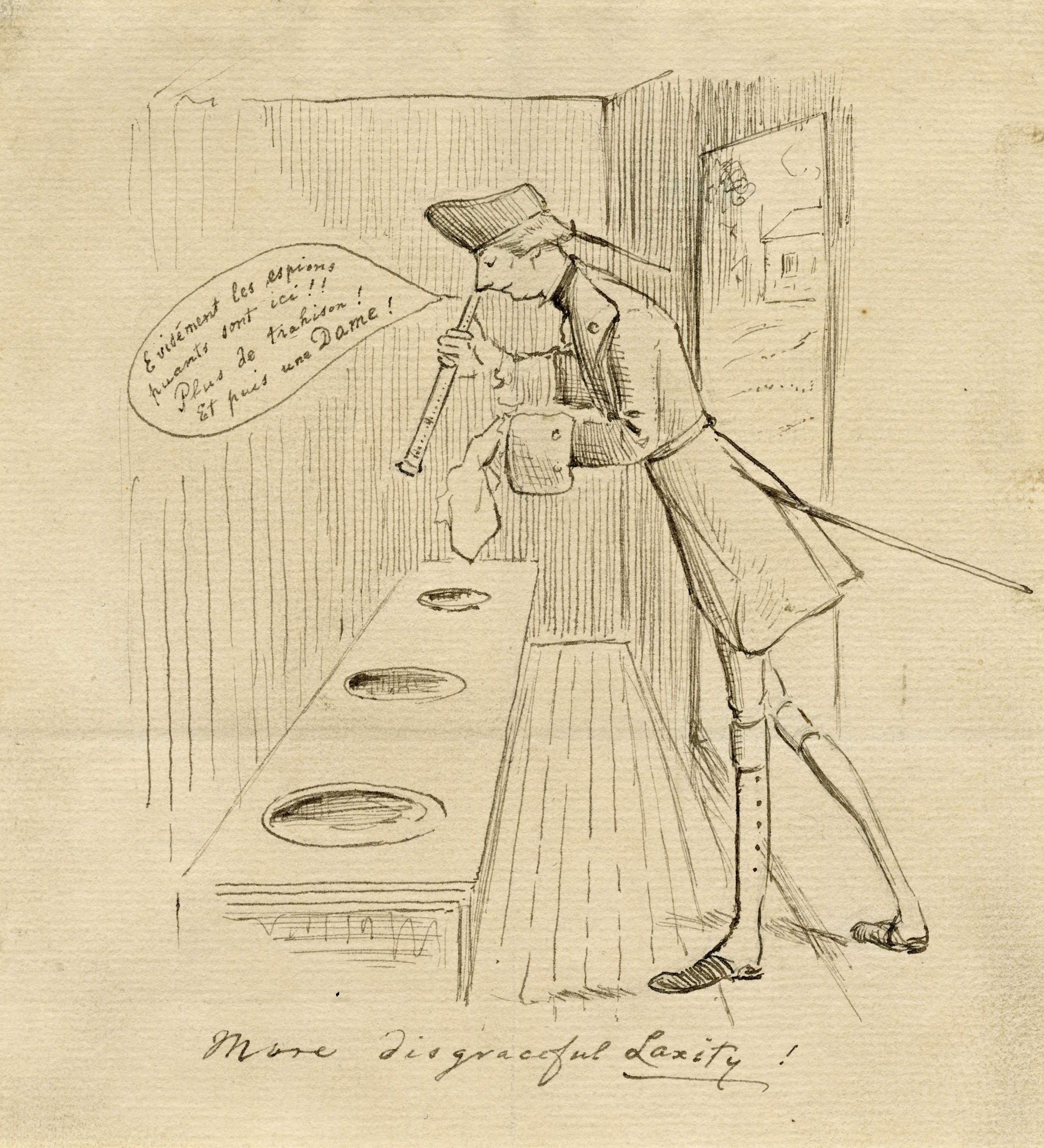 Illustration: Drawing of General Wolfe inspecting the latrines with a spyglass. Text bubble saying, in French, Naturally the stinking spies are here! No more treason! Even a woman! Under the picture, a text in English: “More disgraceful laxity!”