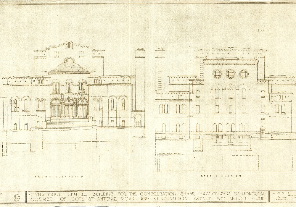 Architectural drawing of the front and back of the Shaar Hashomayim building in Westmount.