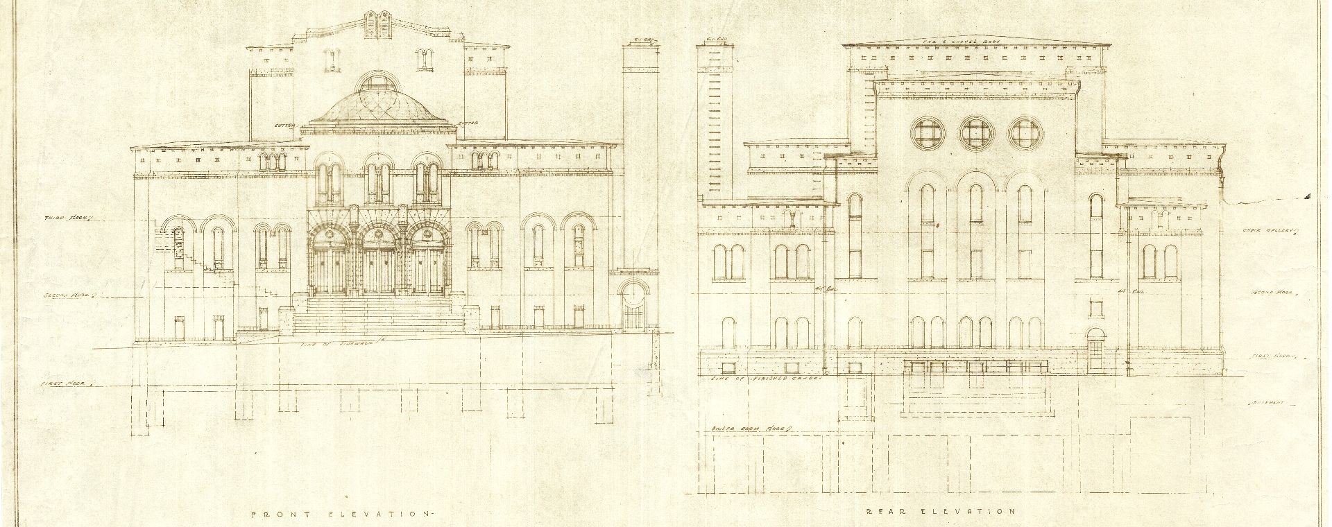 Architectural drawing of the front and back of the Shaar Hashomayim building in Westmount.