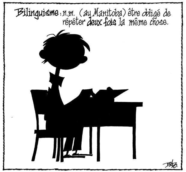 alt= Translated from original French artwork. Title: Bilingualism: n. m. (in Manitoba) being forced to repeat the same thing twice) Illustration: The silhouette of a boy seated at a desk.