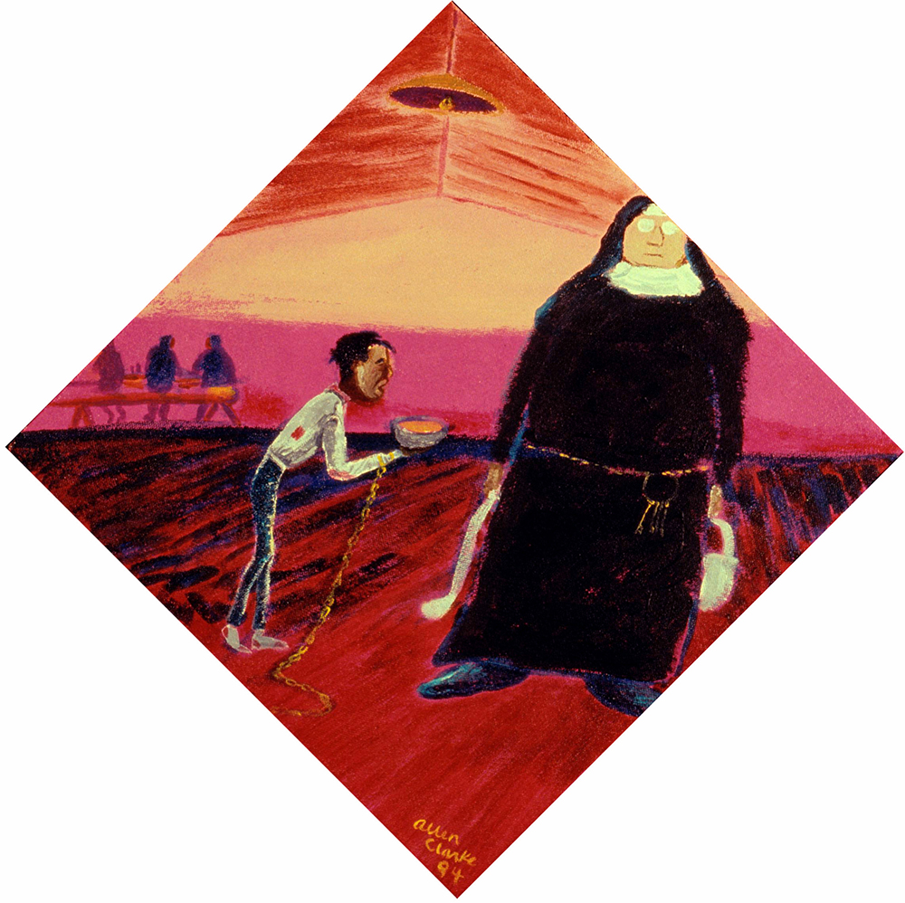 Malnourished child on a chain holding a soup bowl in front of a nun