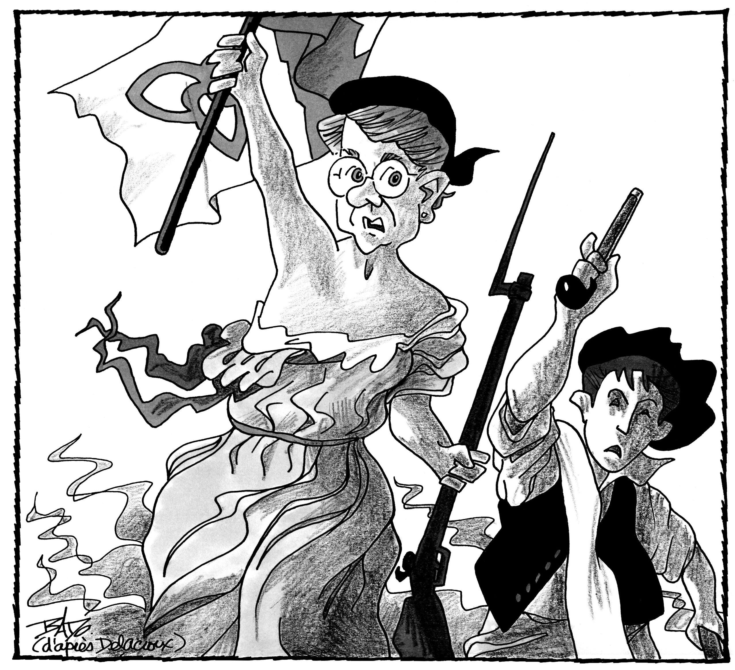 Illustration: Adaptation of the La Liberté guidant le peuple painting by Eugène Delacroix, with Gisèle Lalonde holding a Franco-Ontarian flag, leading the charge for the Franco-Ontarian revolution.