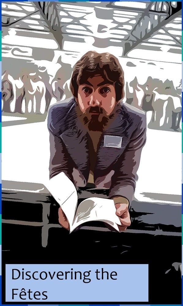 A photograph, edited to look like a comic strip, of Sylvain H. Boileau leaning on a low wall to look at a brochure. On the lower left corner are the words: “Discovering the Fêtes”.