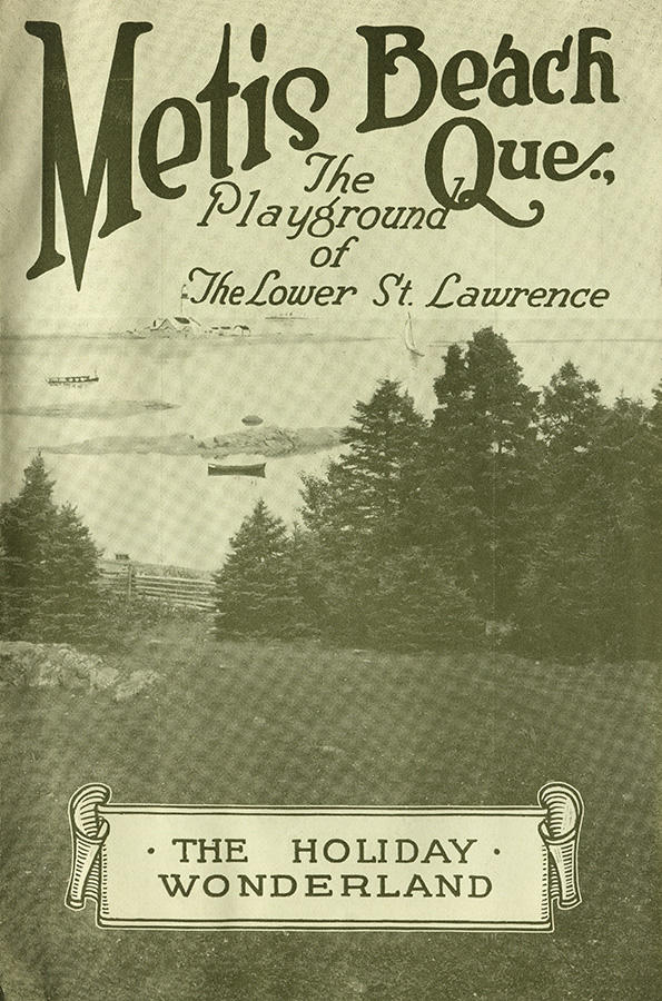Cover of a promotional tourist booklet to promote Metis. The monochrome cover in shades of forest green shows a view of the St. Lawrence River. In the foreground, a gently sloping piece of land hosts a few spruce trees and a fence. In the background, the St. Lawrence River without waves. We can see a rowboat, a sailboat and in the distance a passenger ship and a lighthouse at the end of a rocky peninsula. It is written in large bold type 