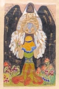 A colorful painting by Laura Goodman Salverson from 1948, depicting a woman kneeling in a vibrant garden with her arms raised toward a mystical, winged figure. The figure above her has dark wings, flowing white garments, and a circular emblem showing scales and a water jug. The scene is framed with deep tones and floral patterns.