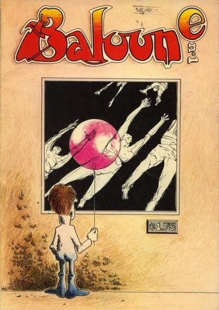 Illustration: Cover of the first edition of Baloune, depicting a boy holding a balloon held by a string in front of a contemporary art piece.