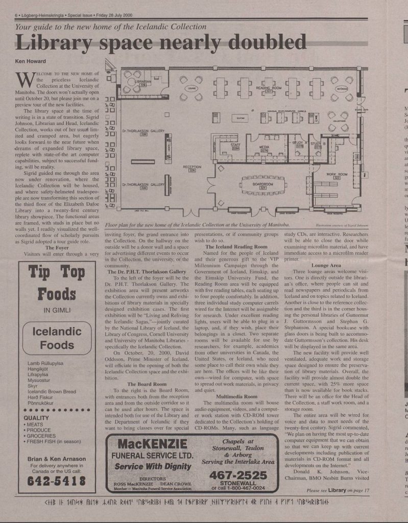 A newspaper article titled Library space nearly doubled from Lögberg-Heimskringla, dated July 28, 2000. The article features a floor plan of the Icelandic Collection’s expanded space at the University of Manitoba, showing rooms such as the Iceland Reading Room, Thorlakson Gallery, study rooms, and work areas. The text describes the new amenities, and ads for Icelandic foods and local businesses appear in side columns.