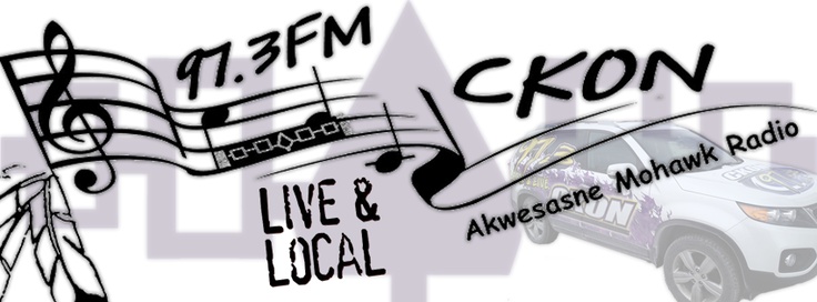 97.3 FM CKON's logo includes a music staff with various notes. Above the staff is the radio station's title, 97.3 FM CKON. Below the staff is the text: Live & Local. Akwesasne Mohawk Radio.