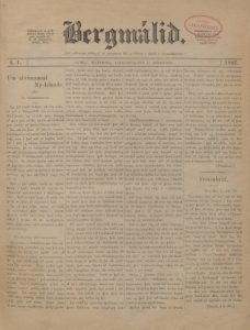 Front page of the Icelandic-language newspaper Bergmálið, dated December 18, 1897, and published in Gimli, Manitoba. The issue features an article titled “Um atvinnumál Ný-Íslands” by G. Thorgeirsson. The layout consists of dense, justified text in three columns with Gothic-style masthead and a red archival stamp from the National Library of Iceland.