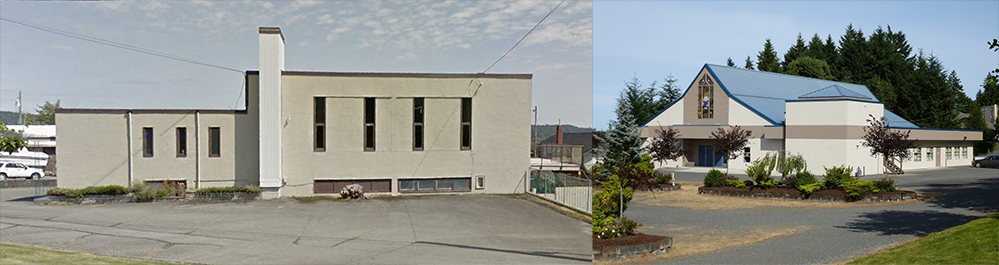 Two colour images side by side. On the left is a side view of a simple two-stepped flat roofed building, On the right is an extensive gable style combination roofed building. The main entrance features a multiple doorway under a prominent arched window with a stained glass depiction of Christ flanked by white doves.
