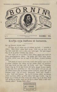 Front page of the December 1905 issue of Börnin. The top features a decorative header with a portrait of a man framed by laurel branches and Icelandic. A library stamp from the National Library of Iceland appears at the bottom.