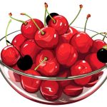 Bowl of cherries, some of which are black with a worm