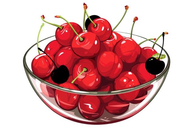 Bowl of cherries, some of which are black with a worm
