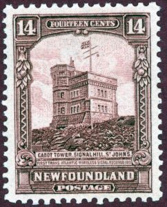 A fourteen-cent Newfoundland postage stamp depicting the Cabot Tower on Signal Hill at St. John's, Newfoundland. The accompanying caption states, First Trans Atlantic Wireless Signal Received 1901.