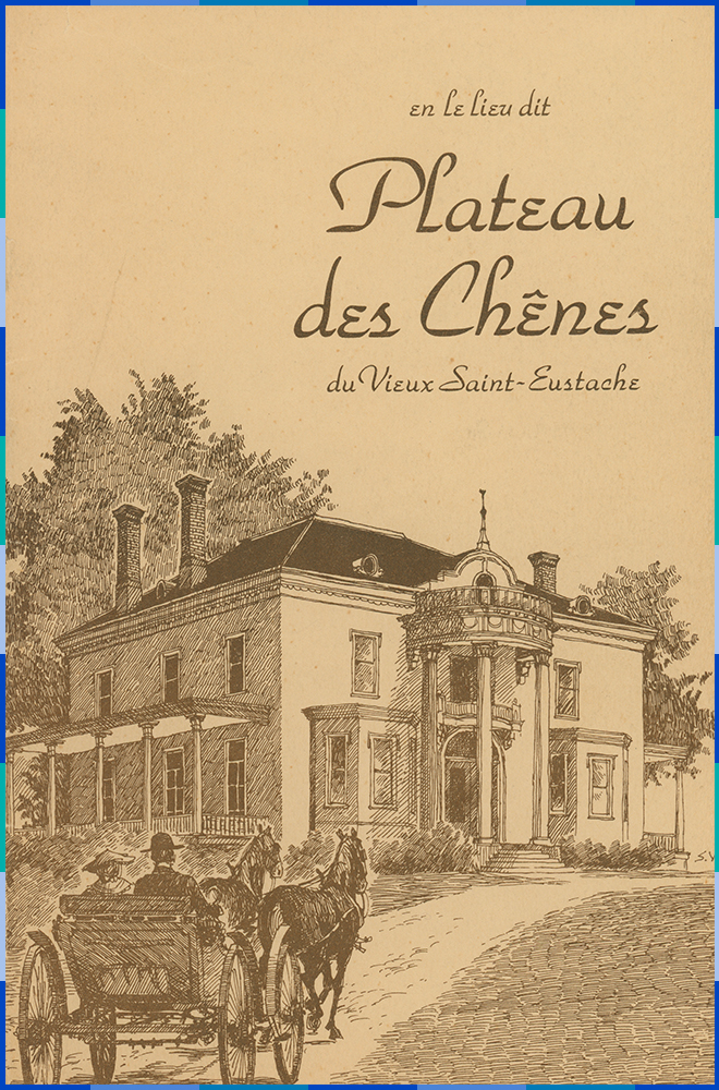 The cover of a brochure about the Globensky manor. We see a cart pulled by two horses, carrying a man and a woman seen from behind, on a road leading to the Globensky manor.