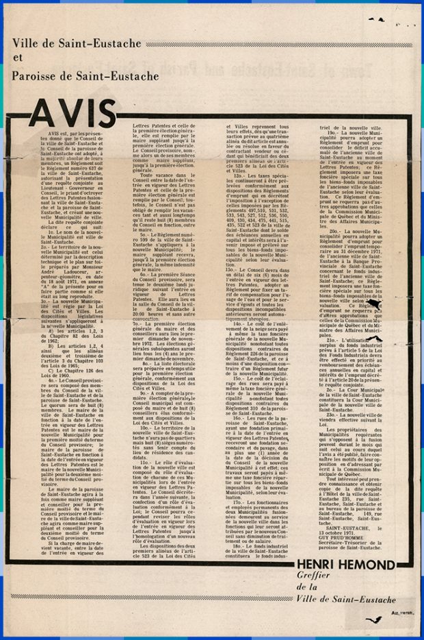 The notice is framed and signed by the clerk of the City of Saint-Eustache, Henri Hemond.