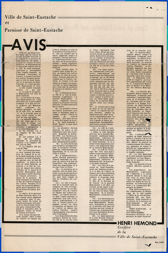 The notice is framed and signed by the clerk of the City of Saint-Eustache, Henri Hemond.