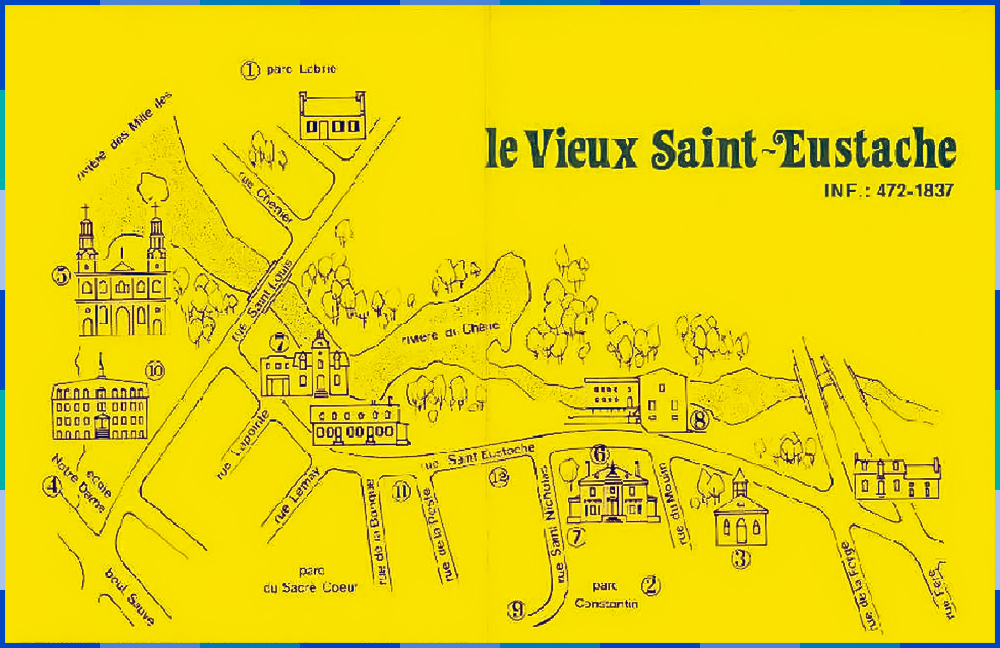 Drawn in black on a yellow background, the map shows the streets and illustrates the most important heritage buildings in the Old Saint-Eustache neighbourhood. Among these, we see the Catholic church, the Globensky manor, and the Légaré mill.