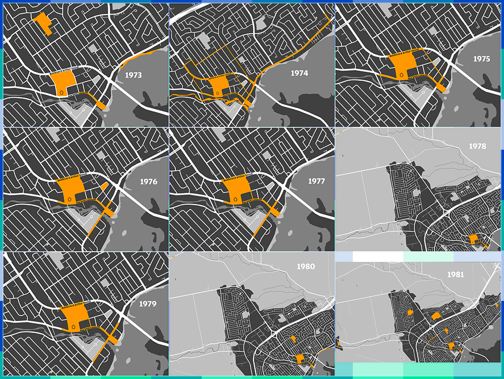 A grid of nine maps, one per year from 1973 to 1981, shows the evolution of the occupation of the territory by the Fêtes du Vieux-Saint-Eustache from one edition to the next.