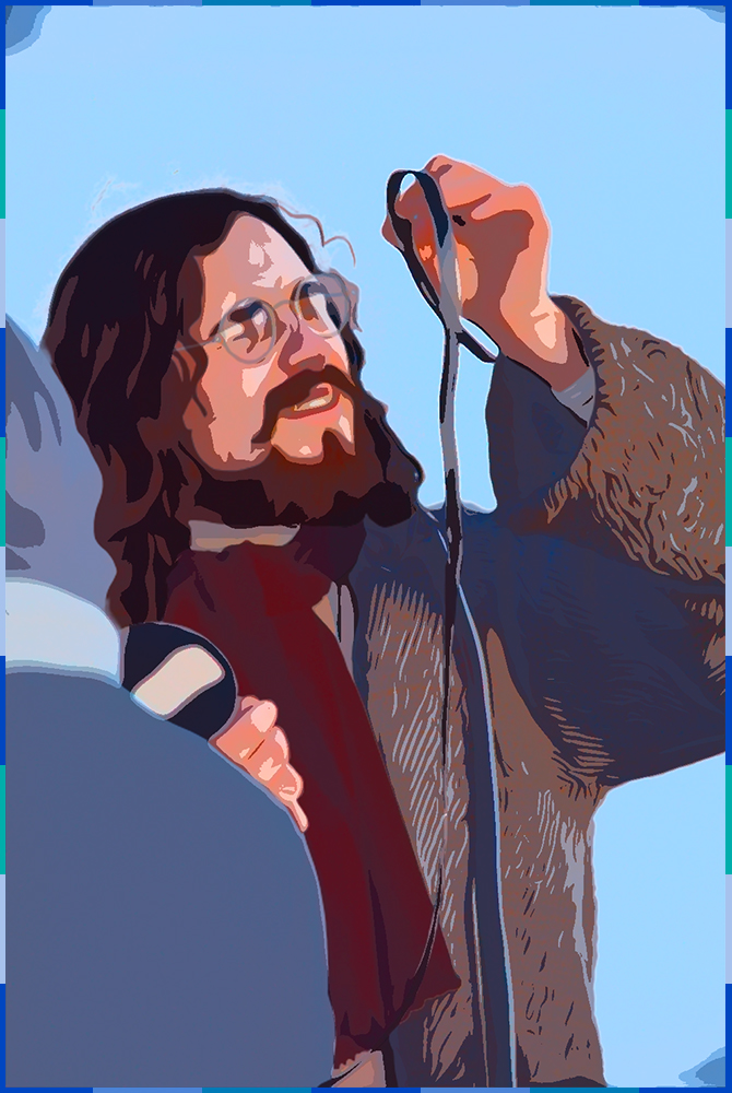 A photograph, edited to look like a comic strip, of a man with a beard and long brown hair. He is wearing a coat, a burgundy scarf, and small round glasses. He is examining a roll of film.