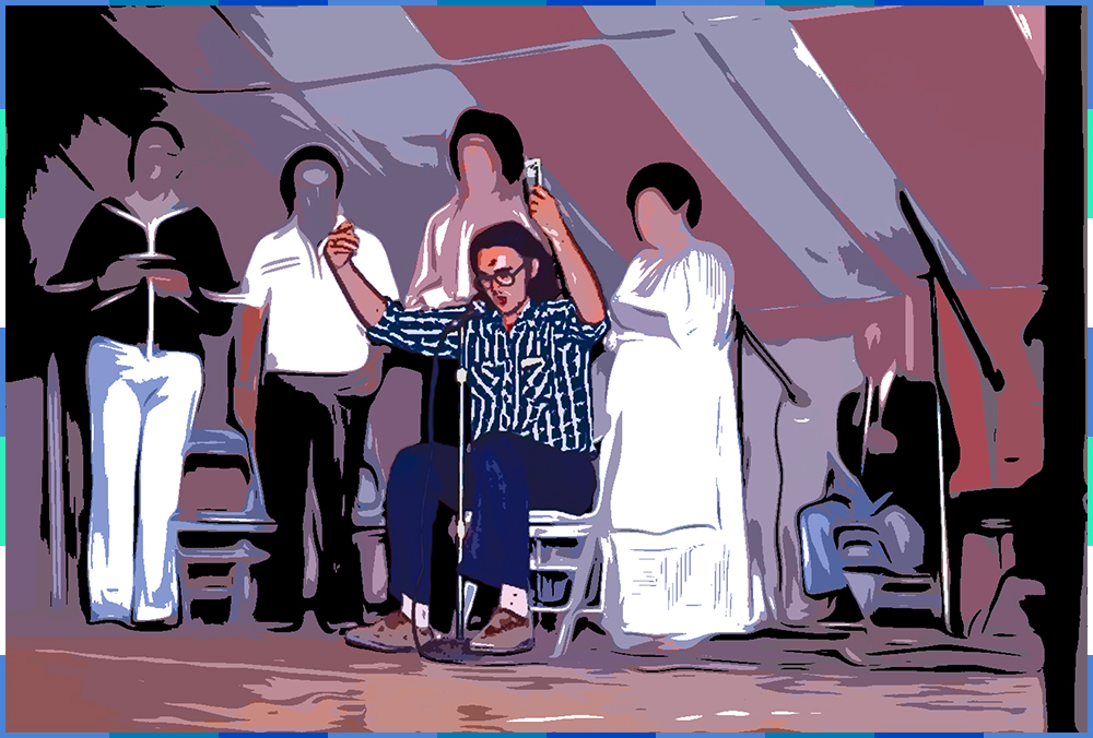 A photograph, edited to look like a comic strip, of a man sitting on a chair, singing into a microphone with both his arms raised. He seems to be on a stage inside a big tent. Behind him are four people standing and one person seated.