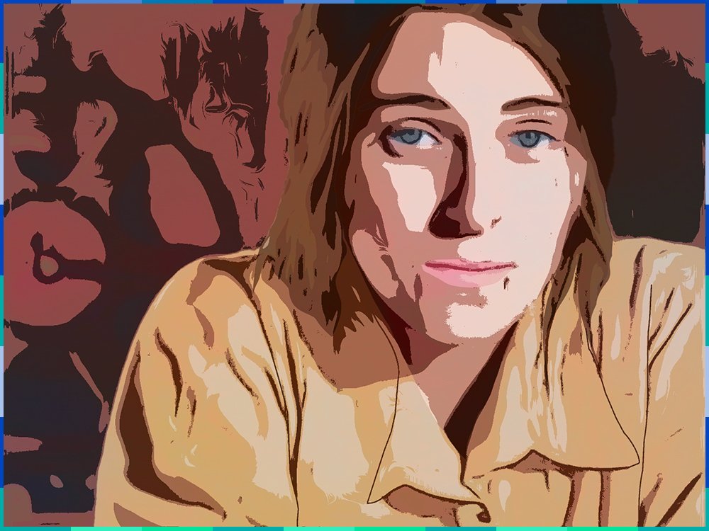 A photograph of a blue-eyed woman with brown medium-length hair, digitally edited to look like a comic strip. She looks straight at the camera.