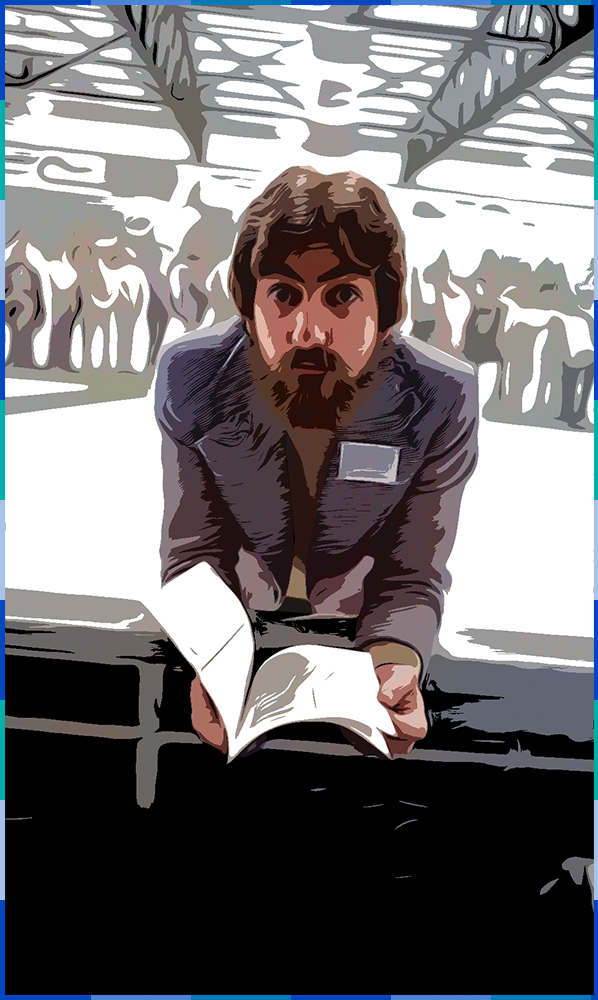 A photograph, edited to look like a comic strip, of Sylvain H. Boileau leaning on a low wall to look at a brochure.