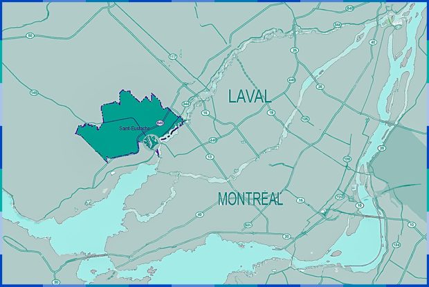 A map in shades of blue and green showing the location of the City of Saint-Eustache to the northwest of Montréal and Laval.