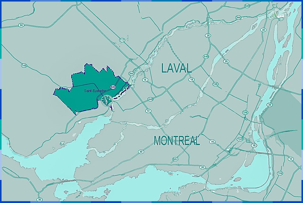 A map in shades of blue and green showing the location of the City of Saint-Eustache to the northwest of Montréal and Laval.