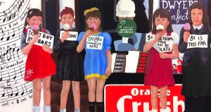 Painted mural of young girls in colorful dresses standing in front of a shop entrance, Dwyer’s Confectionary, licking 5c ice cream cones while holding placards protesting against 8c candy bars. The left 1/5 of the mural shows a partial page of a song’s music score proclaiming ‘we want a 5 cent bar’.