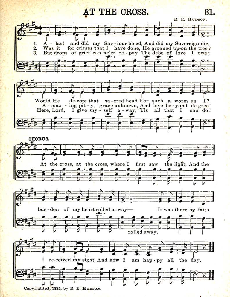 Black and white printed music score with words for the hymn ‘At the Cross’.