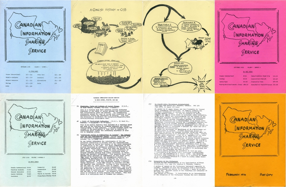 A collage of Canadian Information Sharing Service newsletters.