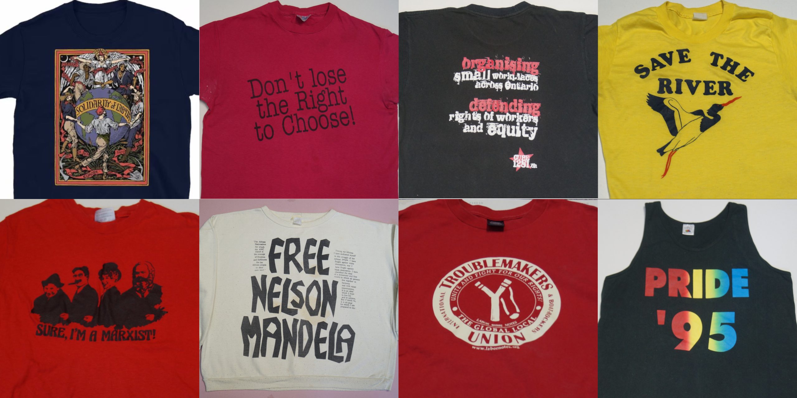 A collage of clothing with various political messages.