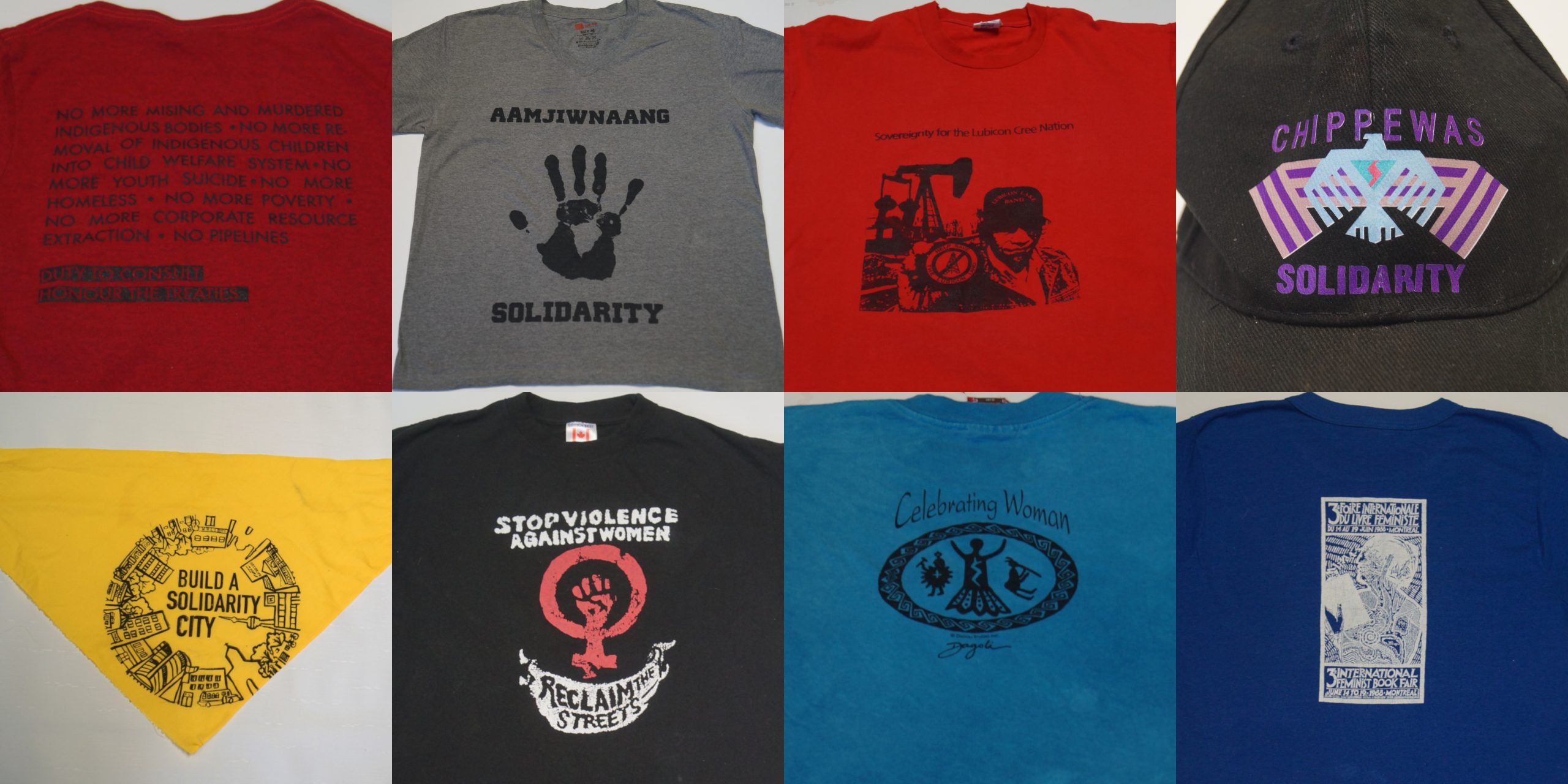 A collage of clothing with various political messages.