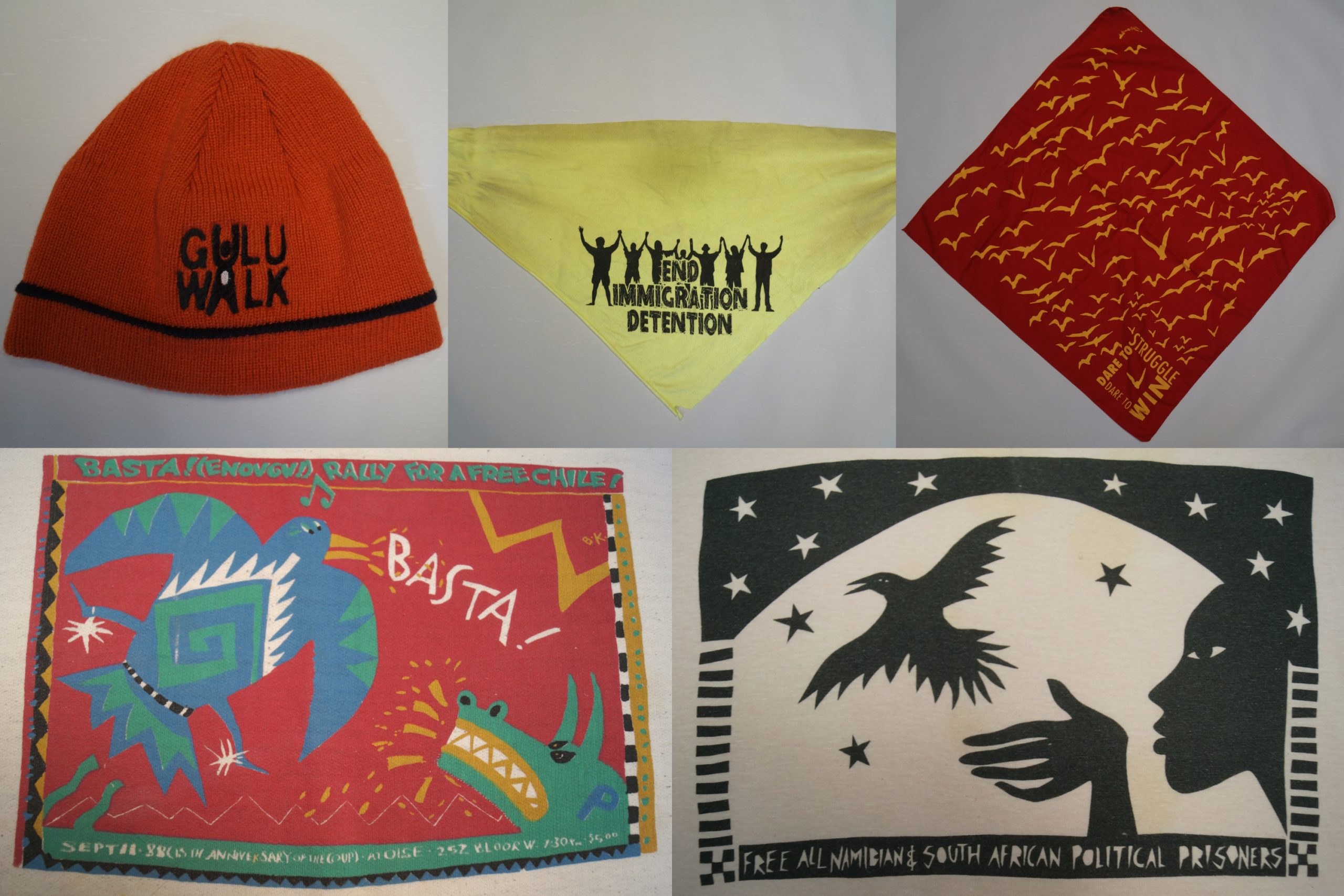 A collage of clothing with various activist messages.