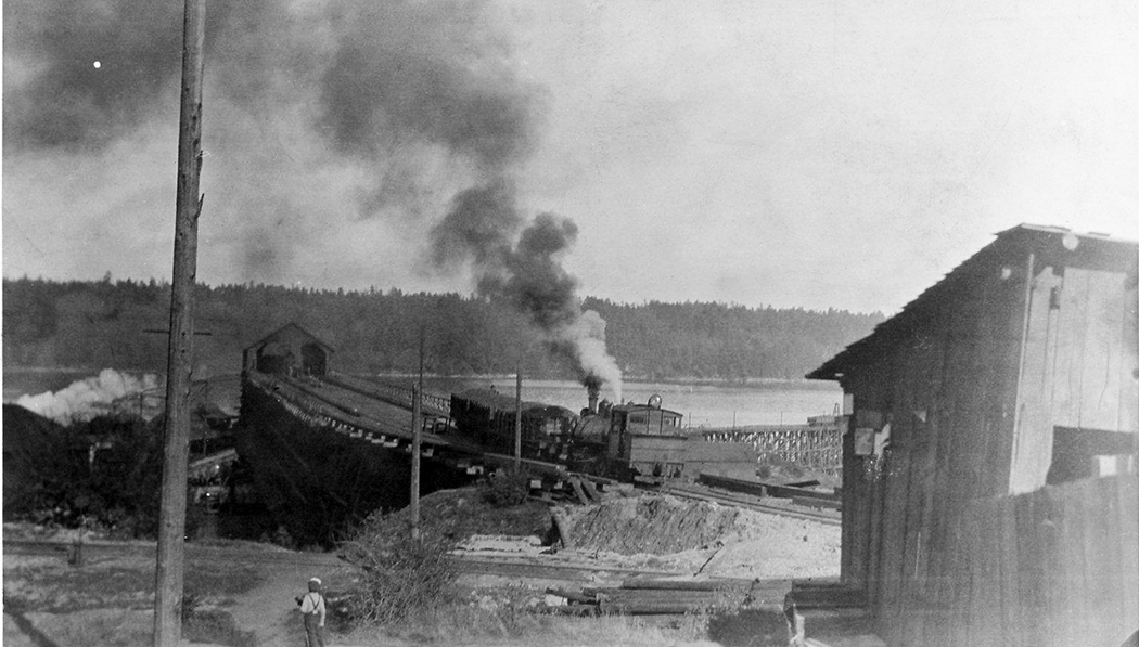 Black and white photograph of harbourfront industrial coal facilities. A young boy is looking on as a steam engine shunts loaded coal wagons onto an elevated trackway. Waters of a harbour with a large wharf are visible in the background.