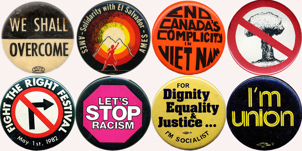 A collage of eight buttons.