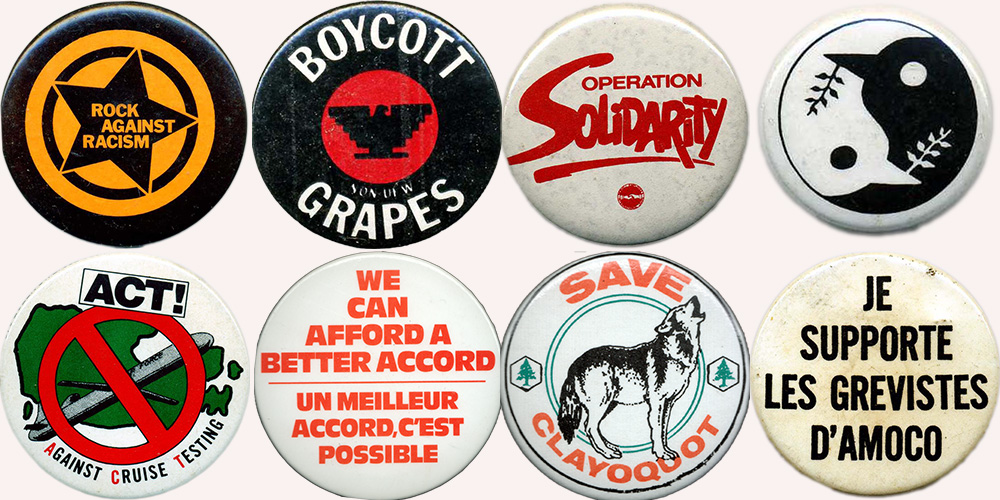 A collage of eight buttons.