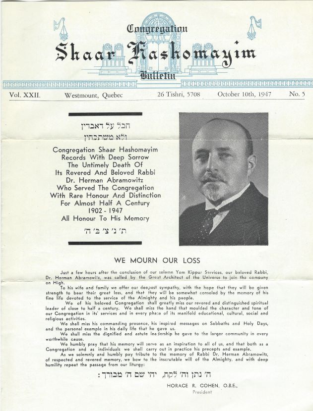 The front page of a synagogue bulletin mourning the death of their rabbi, pictured to the right of the page.