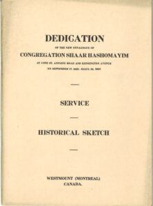A beige booklet with black writing, the front cover of the service booklet for the dedication of the Shaar Hashomayim building in Westmount.