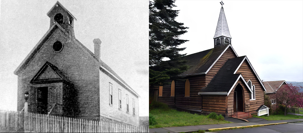 Two images side by side. On the left a black and white photograph of a simple wooden hall-like church with double-doored porch on the gable end, four rectangular windows along the side wall, and belfry on the steeply pitched roof near the entrance. On the right a colour photograph of the same building modified by addition of gothic-arched windows and a tin-clad spire over a belfry which is capped by a cross.
