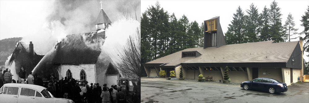 Two images side by side. On the left a black and white photograph of a crowd watching a gable roofed wooden church engulfed in fire with several hoses spraying water on the partially caved in roof. On the right is a color photograph of large modern west coast style church.