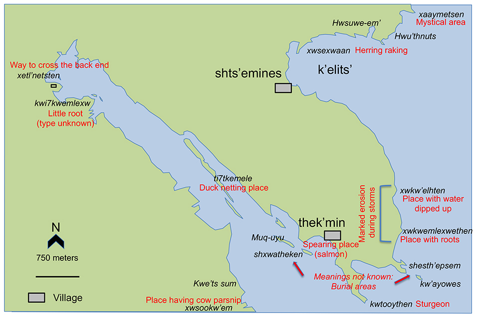 Map showing Ladysmith Harbour area, land in green and sea in blue with place names in Hul'qumi'num and English translation where available.