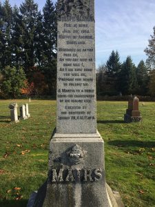 Colour photograph showing wording carved into granite obelisk commemorating Joseph Mairs in Ladysmith Cemetery.