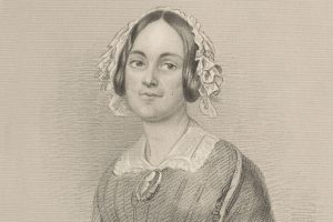 Black and white stipple engraved portrait of a woman in Victorian clothes and headdress.