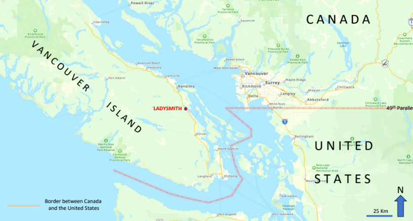 Coloured map, green land and blue sea cover southern Vancouver Island and the adjacent mainland. Ladysmith is shown, the boundary between the United States and Canada, following the arc of the 49th Parallel on the mainland, but jogging to the south of Vancouver Island through the Gulf Islands and Juan de Fuca Strait.