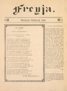 Front page of Freyja, a women’s periodical published in Selkirk, Manitoba, February 1898. The masthead reads Freyja in Gothic typeface, with I. Ár. Nr. I. indicating the first year, first issue. The page features Icelandic text in two columns bordered by decorative lines, including a poem titled Til Kvenna on the left and an introductory article on the right.