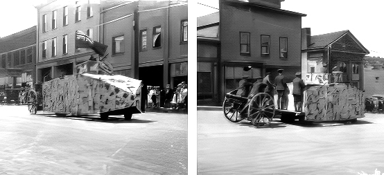 Two sequential black and white photographs showing front and rear views of a parade float consisting of a mock-up of an armoured military vehicle towing a gun carriage.