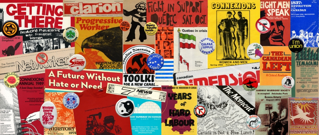 A collage of various periodicals, publications, and buttons for activist groups and movements.